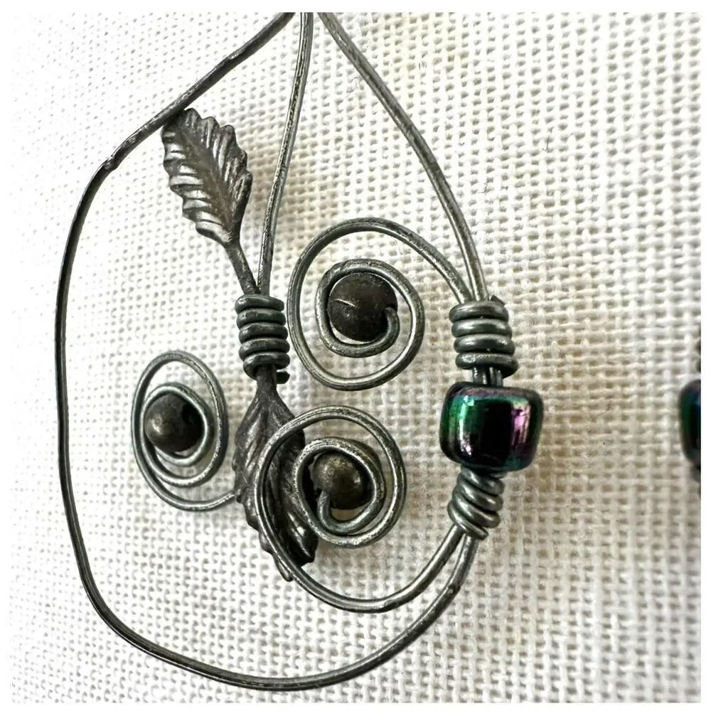 Silver tone teardrop leaf wire artisan earrings